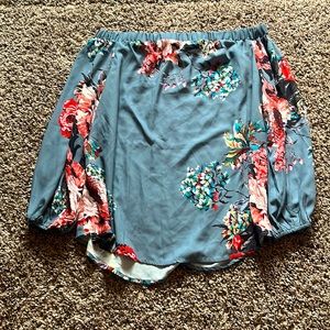 Flattering, woman’s, gray/blue, off the shoulders blouse.